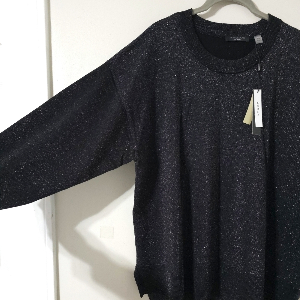 T TAHARI Plus Size Glitter Metallic Black Knit Crewneck Sweater, Longer Back, 1X - Picture 4 of 17